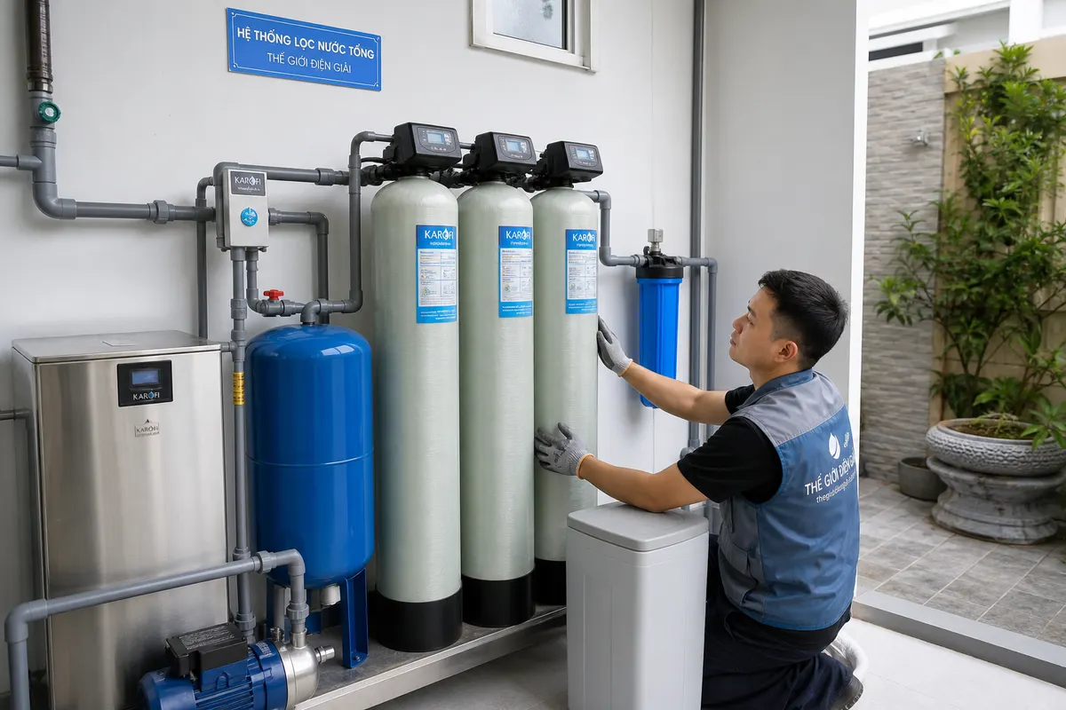 Kỹ thuật viên lắp đặt hệ thống lọc nước tổng cho gia đình