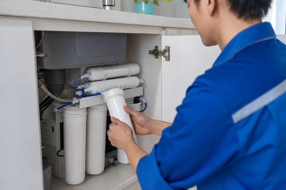 Kỹ thuật viên thay lõi lọc nước RO dưới bồn rửa trong gian bếp