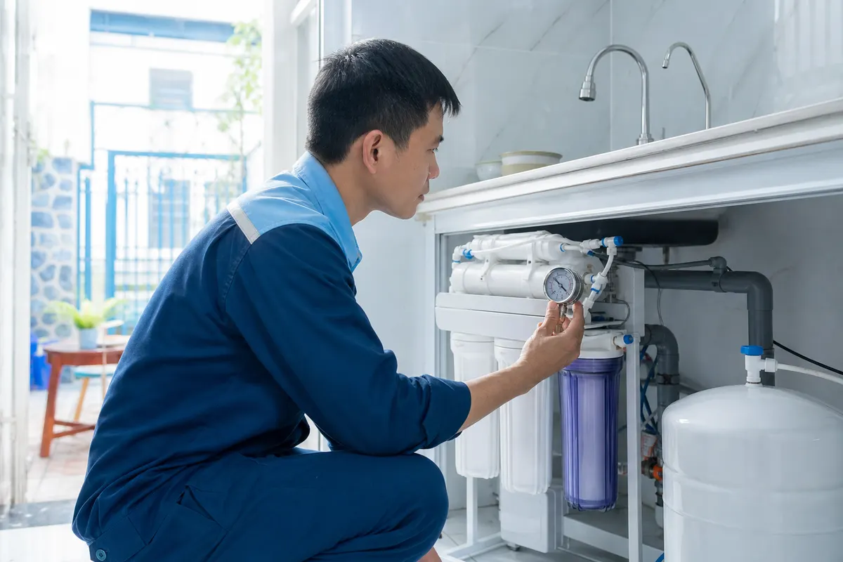 Kỹ thuật viên kiểm tra áp lực nước đầu vào của máy lọc nước RO